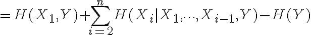 $=H(X_1,Y)+\sum_{i=2}^{n}H(X_i|X_1,\cdots,X_{i-1},Y)-H(Y)$